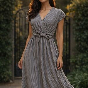 Caution To The Wind Black and White Striped Midi Dress medium